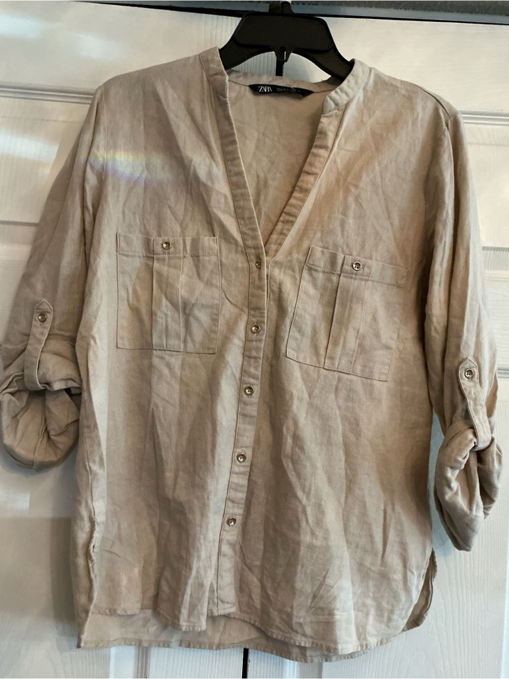 Zara Men’s Light Beige Button-Front Linen Shirt